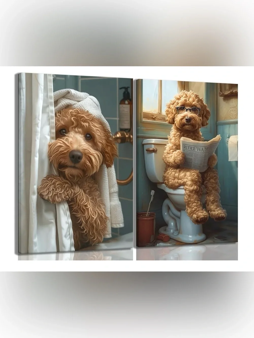 Playful Brown Curly Dog Bathroom Canvas Art - Cozy Pet Wall Decor